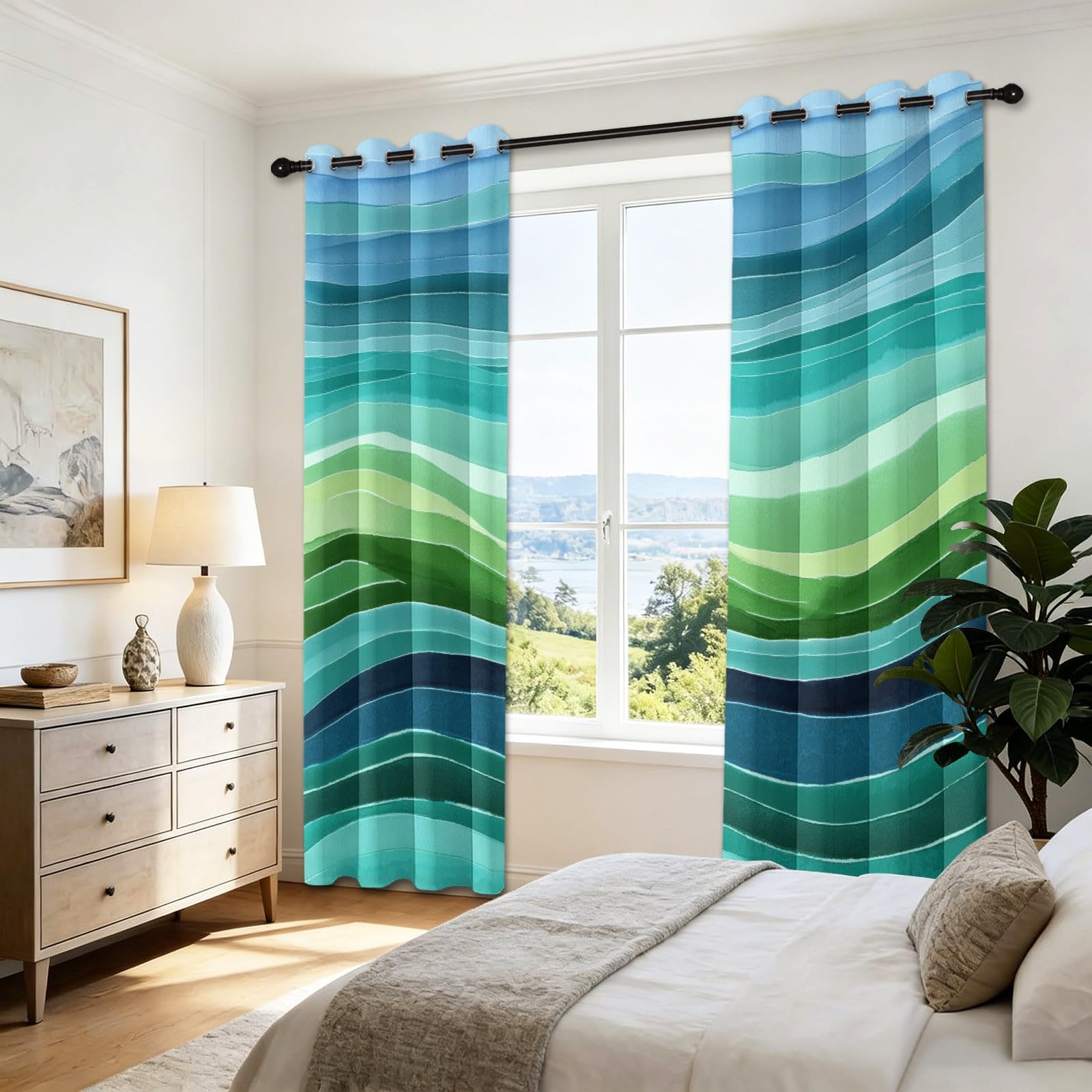 Cortinas opacas de salón con estampado geométrico azul y aislamiento térmico