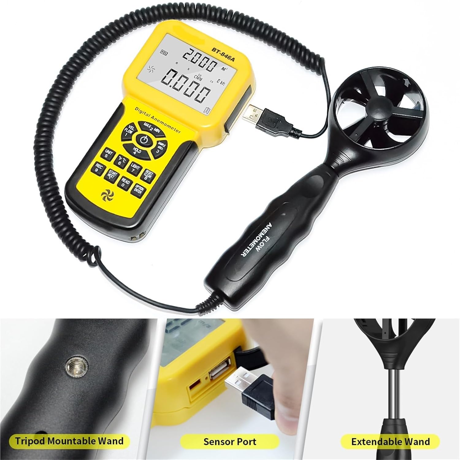 846A Pro HVAC Anemometer Measures Wind Speed Wind Flow Wind Temp Tester CFM Air Flow Velocity Meter with Backlight
