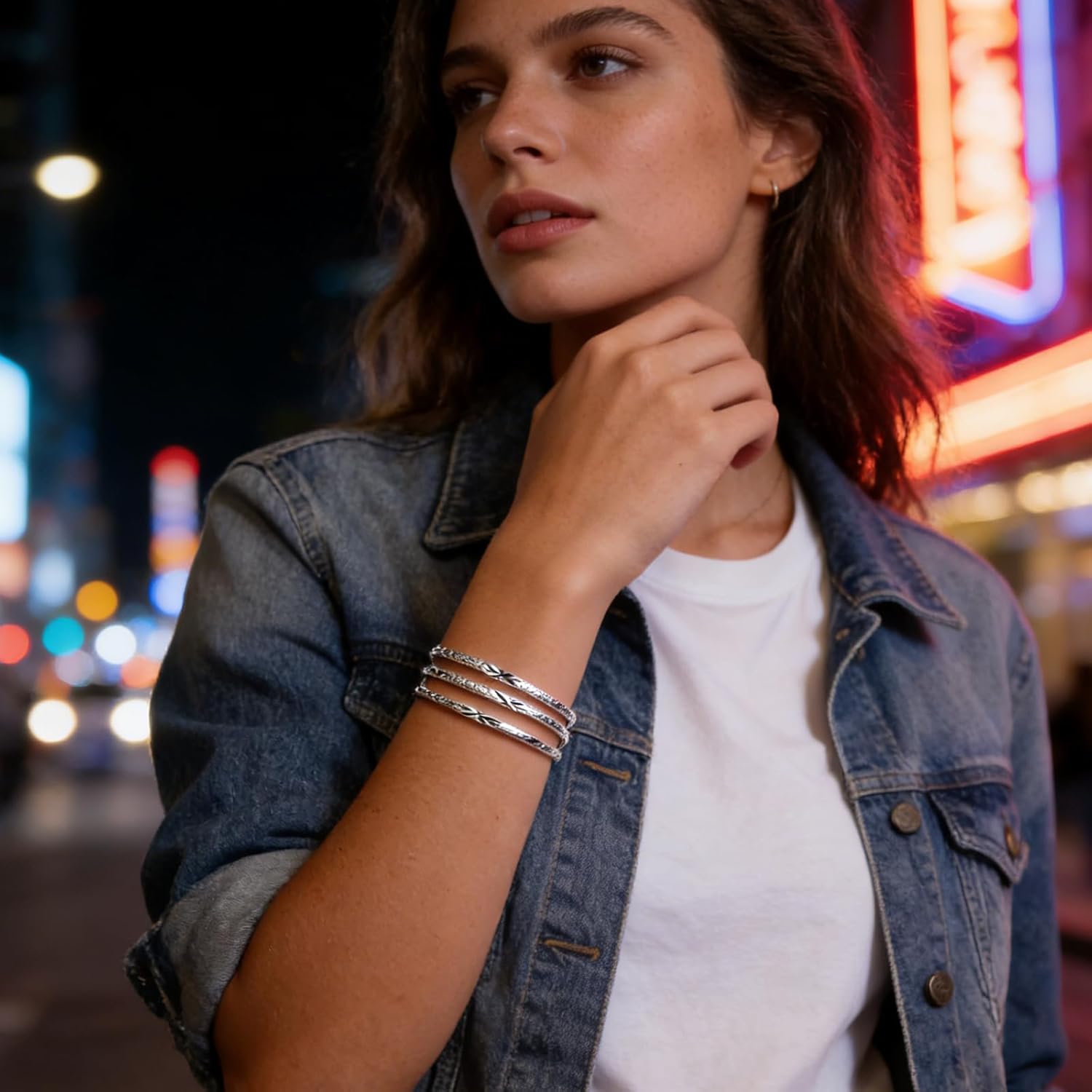 Dainty Silver Bangle Bracelet Set for Women, 3Pcs Trendy Simple Stainless Steel Stackable Hypoallergenic Cuff Bracelet Fashion Party Jewelry Gift - Image 3