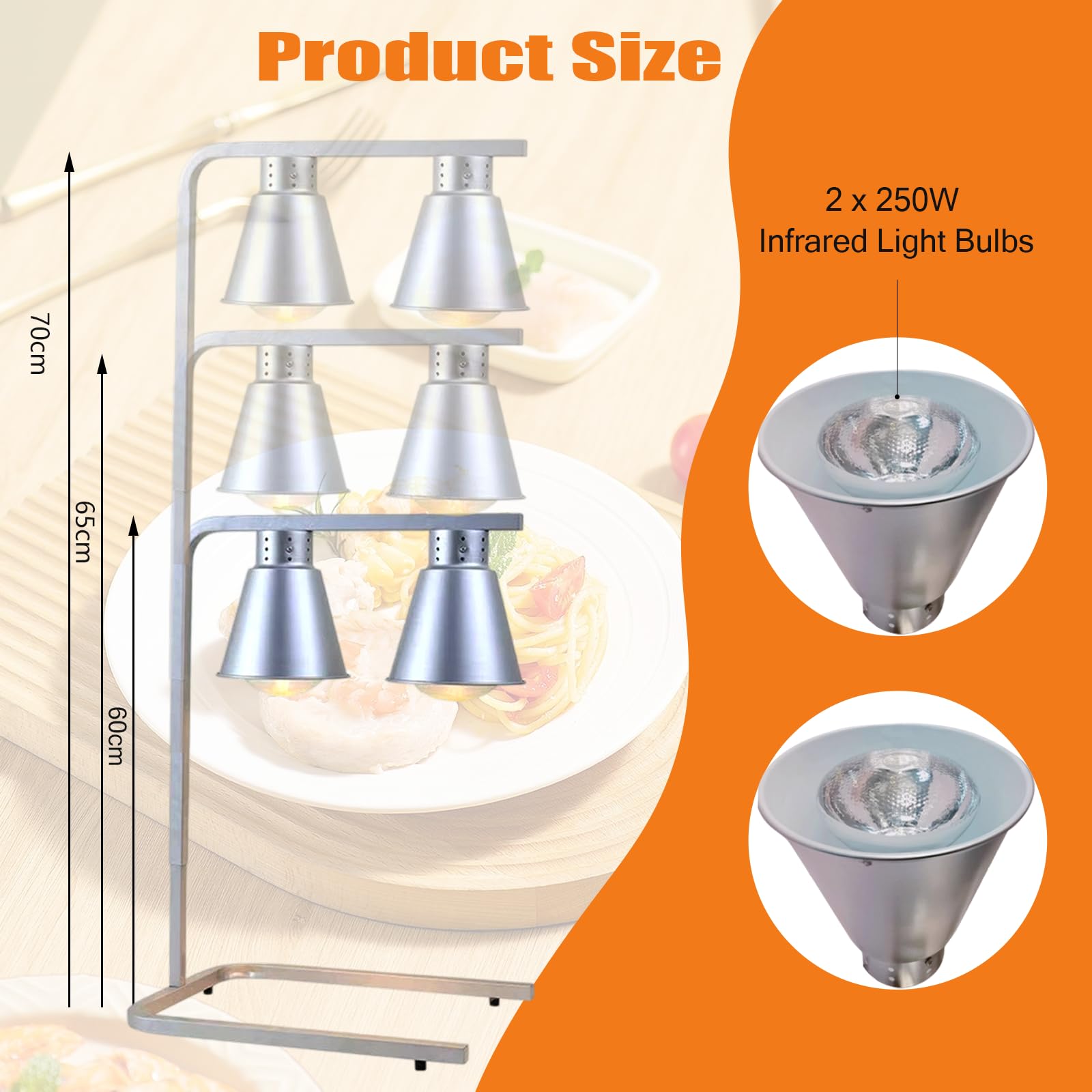 Lampy do podgrzewania żywności, podgrzewacze do żywności, 3 segmenty o regulowanej wysokości, 2 x 250 W, podgrzewacze na podczerwień do kawiarni, kuchni, restauracji, hotelu