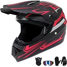 Youth Dirt Bike Helmet,Kids Motocross Full Face Helmets,Mountain Bike BMX MX ATV Boys and Girls Motorcycle Helmet for Kids 8-14 withGoggles,Gloves,Mask 4-Pcs Set,DOT ApprovedRed, X-Large