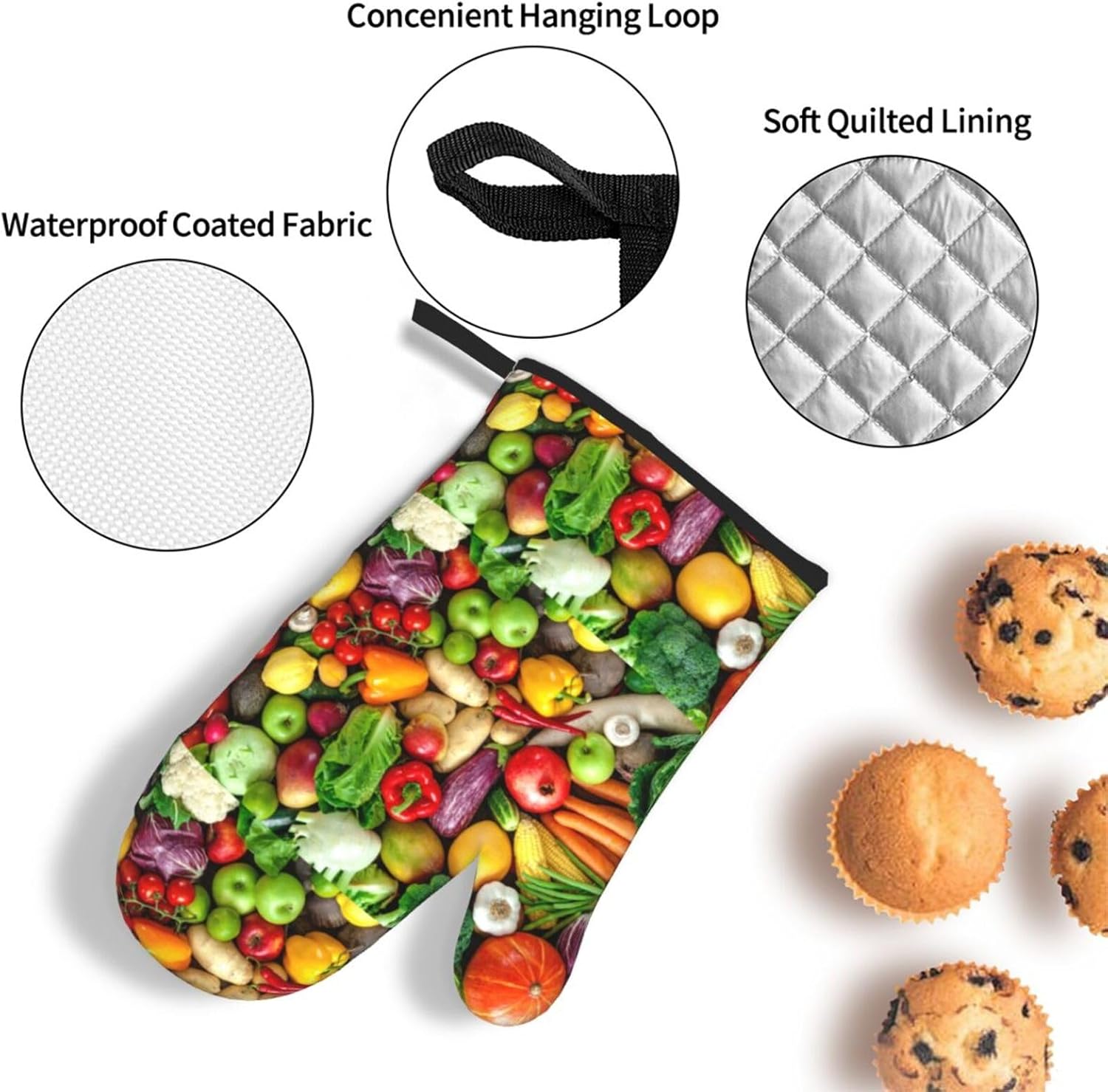 Fresh Fruits and Vegetables Print Oven Mitts and Potholders 3-Piece Set Microwave Gloves BBQ Baking Outdoors