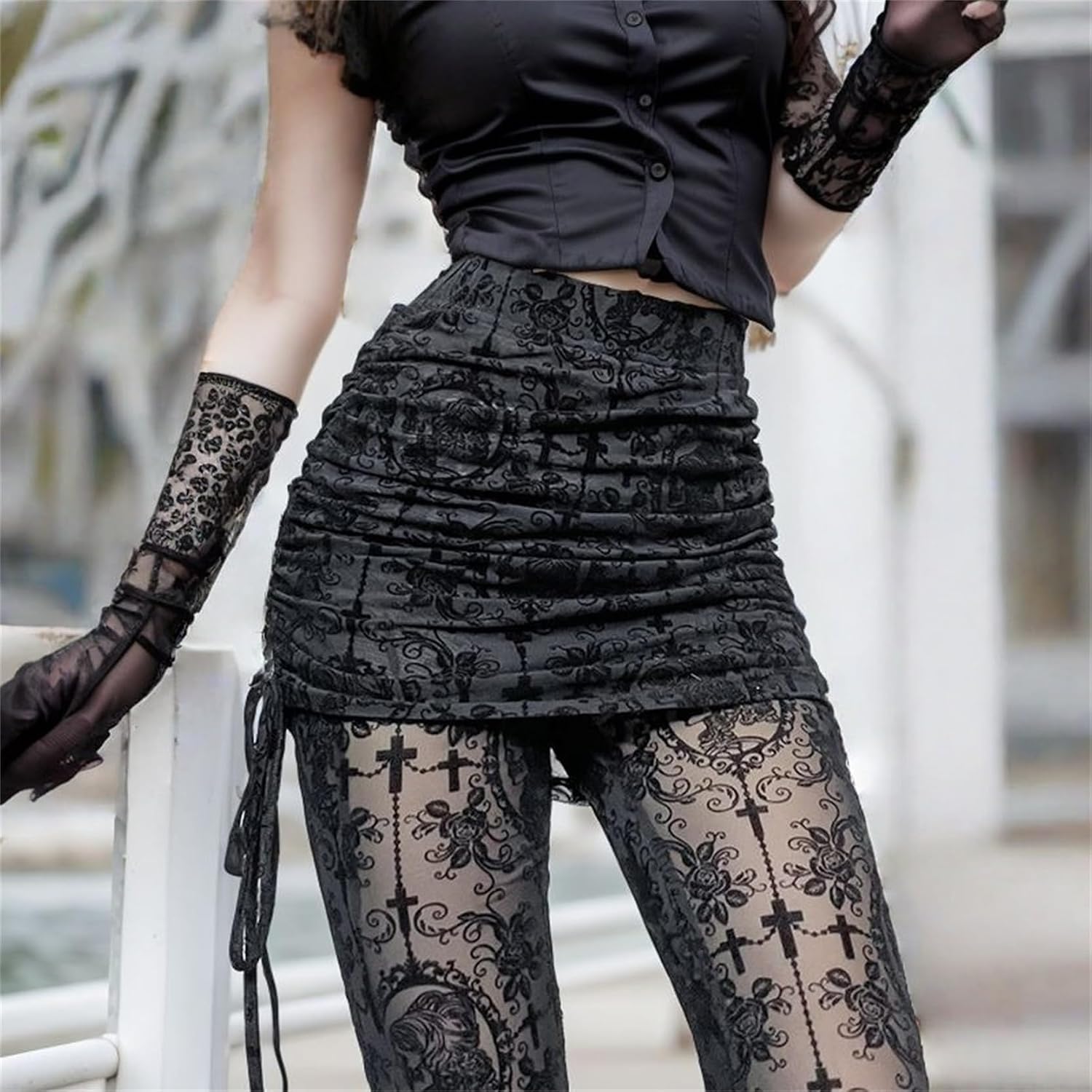 Goth Bell Bottom Pants for Women - Sheer Mesh Flare Cross Floral High Rise Drawstring Emo Vampire Punk Summer Disco