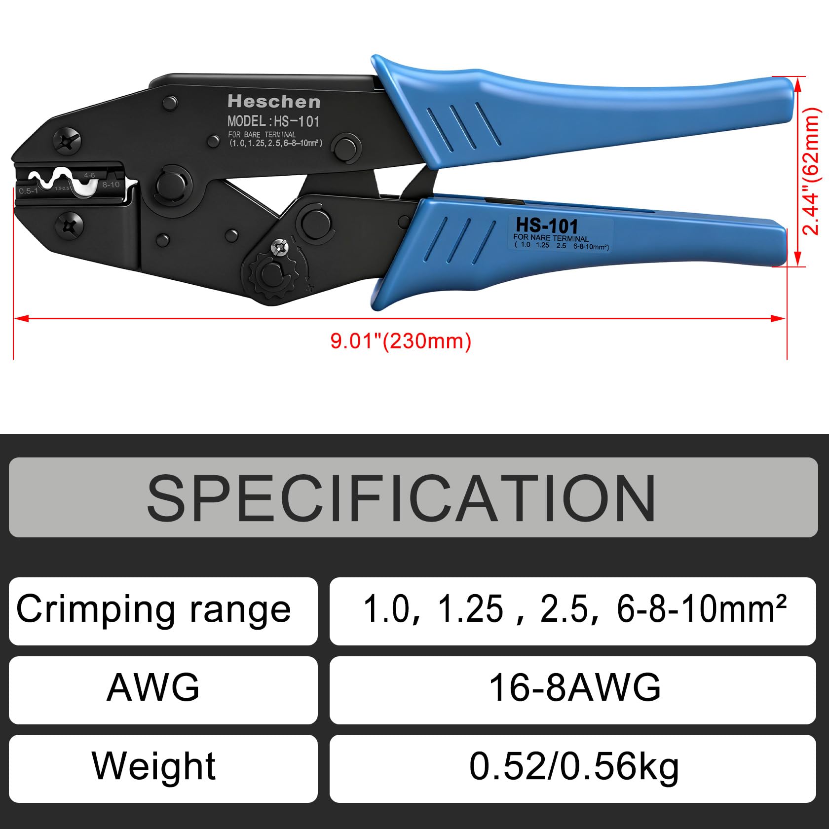 Heschen Pinza per cricchetti a catena HS-101 Terminali per cavi non isolati Strumenti per crimpare Utilizzare per 1,5-10 mm² (15-7 AWG) Blu