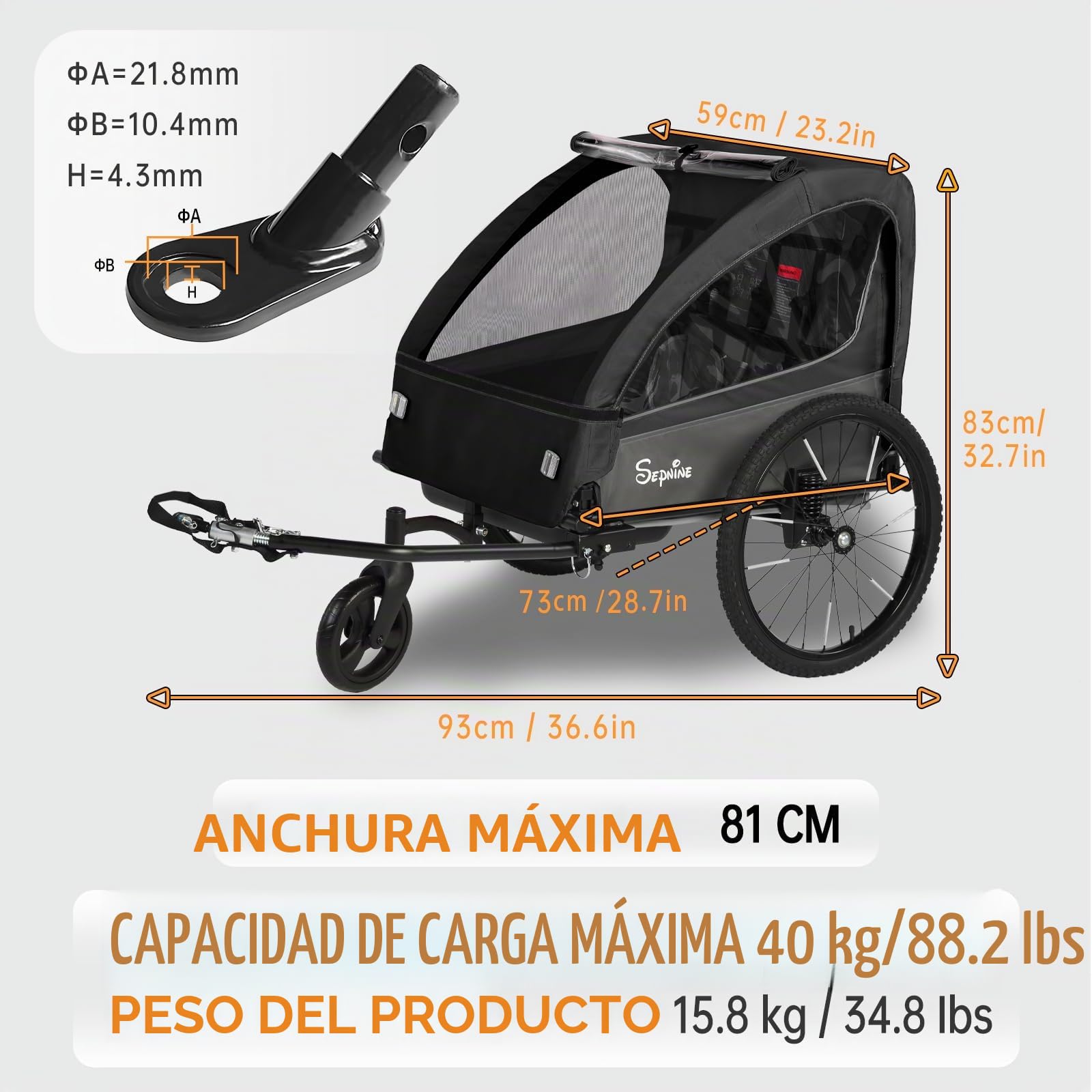 SEPNINE Remolque Infantil 2 en 1 y Cochecito con suspensión, Remolque de Bicicleta para 1 a 2 niños máximo, función de Jogger, Plegable, Amplio Maletero