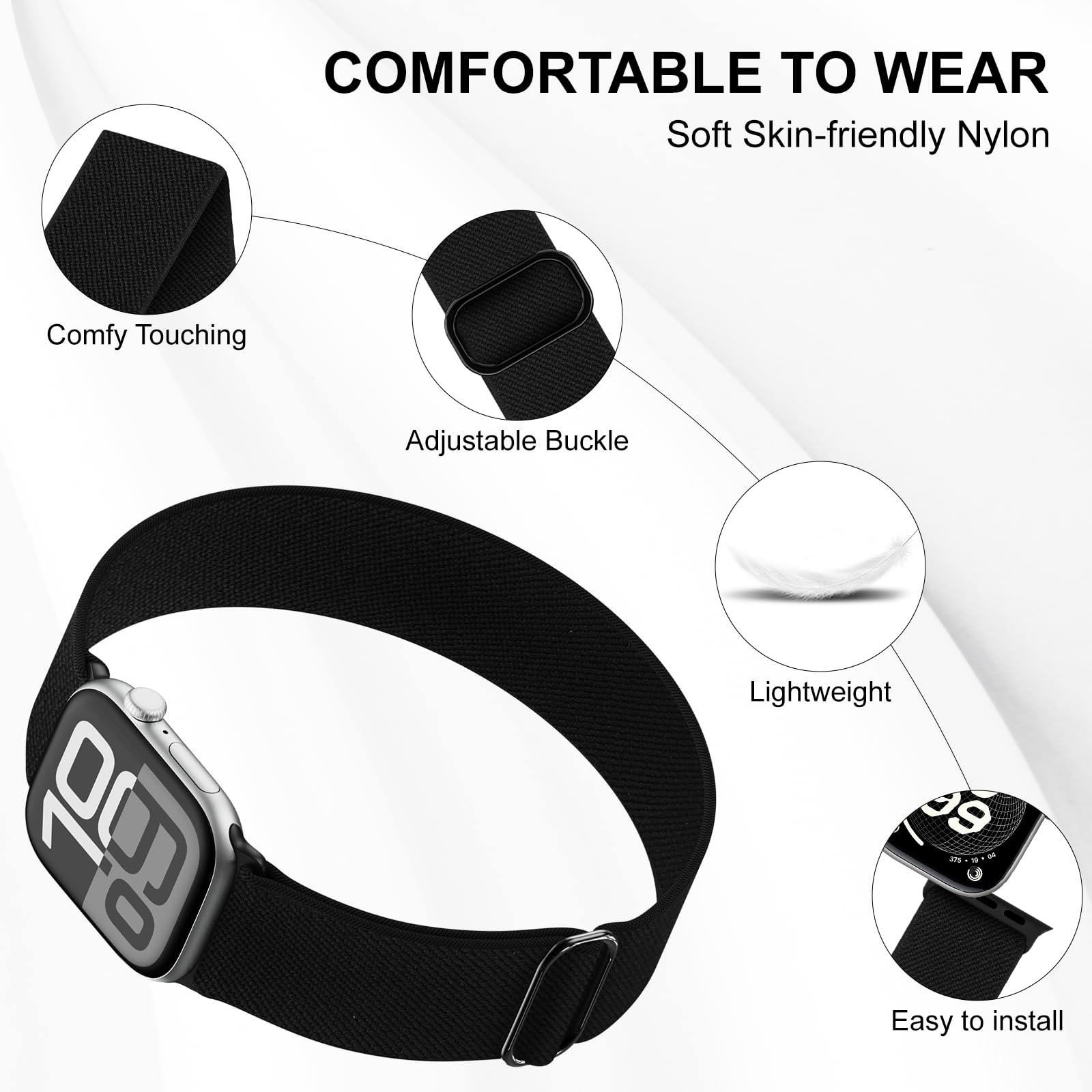Stretchy Ankle/Arm Straps Compatible with Apple Watch Strap 38mm 40mm 41mm 42mm 44mm 45mm 46mm 49mm, Solo Loop Nylon Sport Ankle Band for iWatch Series 11 10 9 8 7 6 5 4 3 2 1 SE Ultra Women Men — view 3