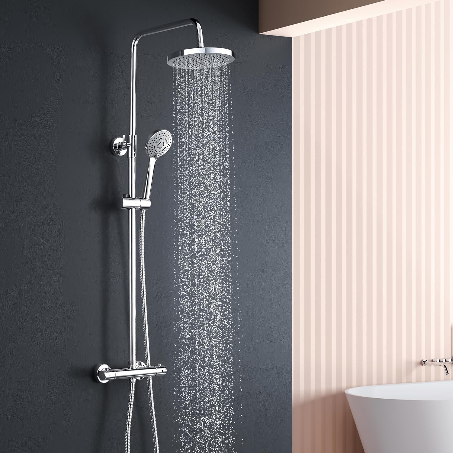 YOOZENA Duscharmatur Komplettset, Duschsystem（Duscharmatur mit Thermostat，Kopfbrause, Duschkopf mit Schlauch und Halterung）Regendusche mit armatur, Chrome