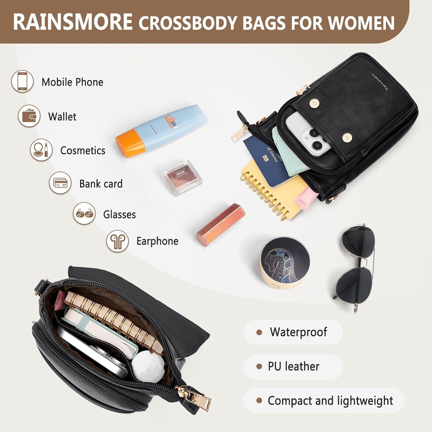 RAINSMORE Mobile Phone Bag for Hanging PU Leather Mobile Phone Shoulder Bag Women's Small Handbag Shoulder Bag Crossbody Bag Women's Mobile Phone Case with Purse for Hanging image 3