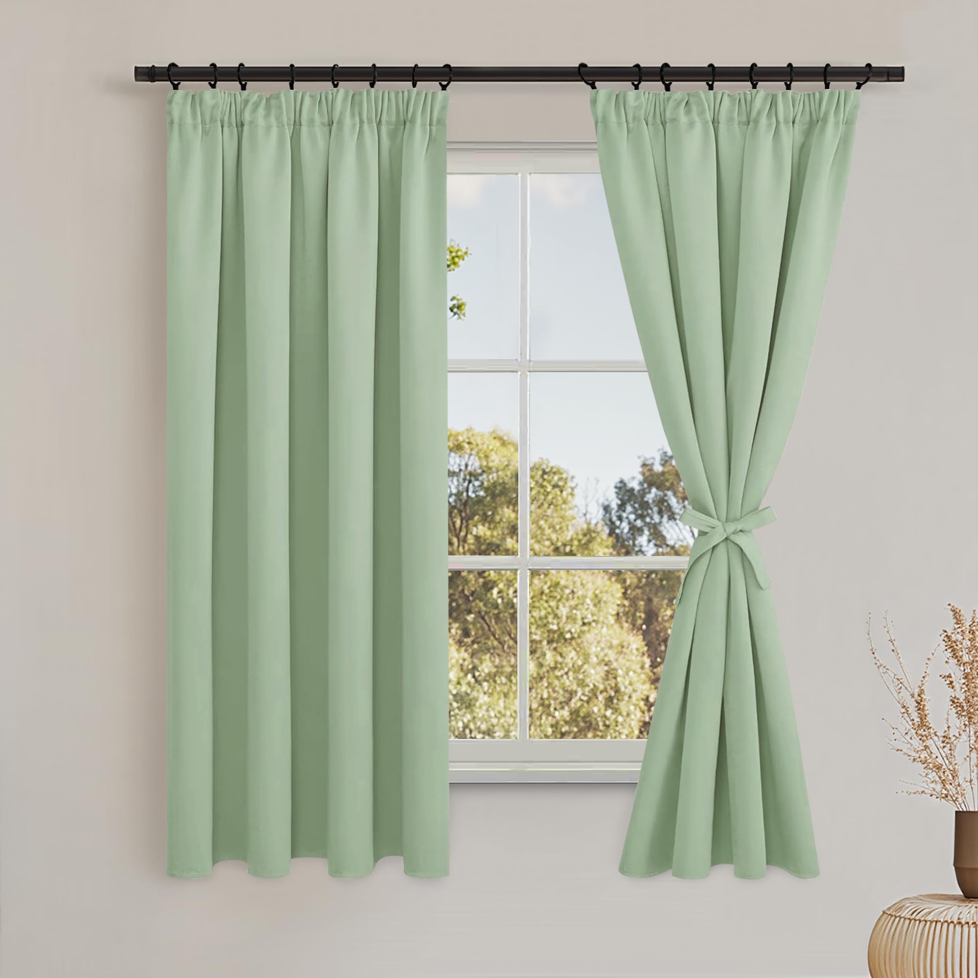 DWCN Blackout Curtains for Bedroom Thermal Insulated Curtain Pencil Pleat Window Curtains for Living Room with Tiebacks 66 x 72 inch Length, Light Green, 2 Panels โ image 1
