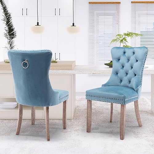 Miniatura 60 de Juego de 6 sillas de comedor de terciopelo, sillas de comedor tapizadas acolchadas con ribete de tachuelas y patas de madera maciza para cocina,