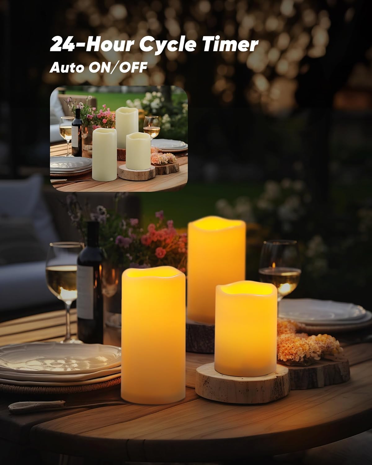 Homemory Outdoor Waterproof Flameless Candles, Battery Operated LED Pillar Candles with Remote Control and Timer, Plastic, Long Lasting, D3 x H4 5" 6", Set of 3