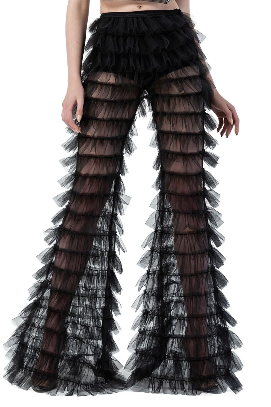 Statement Sheer Mesh Tiered Ruffle Flare Pants for Women Layered Tulle Bell Bottoms for Summer Events