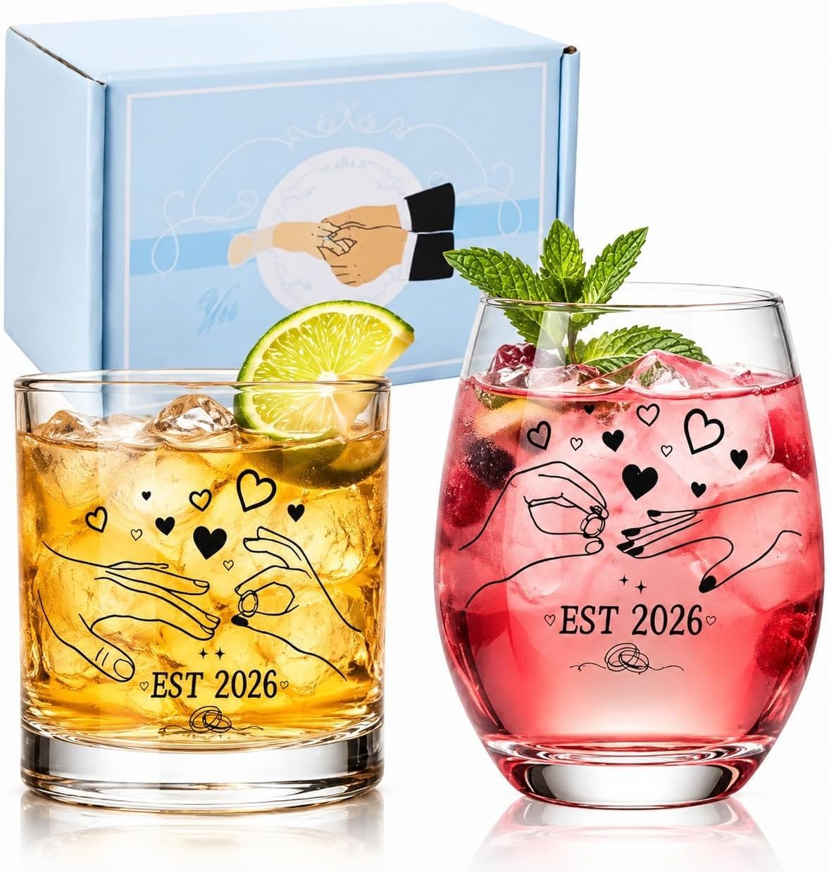 saerryor Engagement Gifts for Couples, EST 2026 Wine Whiskey Glass Gift Set