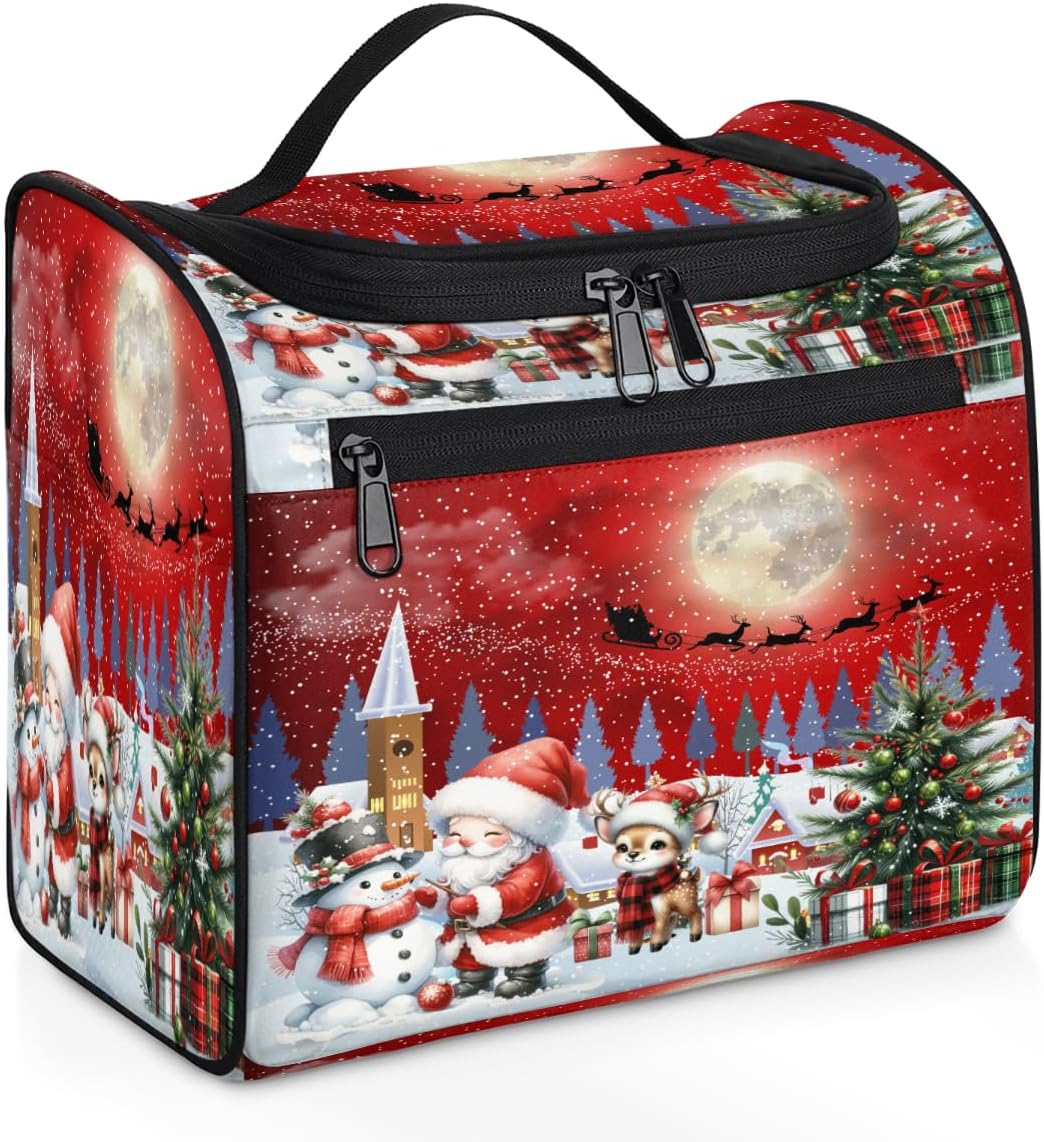 cfpolar Toiletry Bag for Women, Christmas Santa Claus Elk Hanging Travel Toiletry Bag, Water-resistant Cosmetic Makeup Organizer for Toiletries and Cosmetics, Bathroom Shower Bag with Handle and Hook