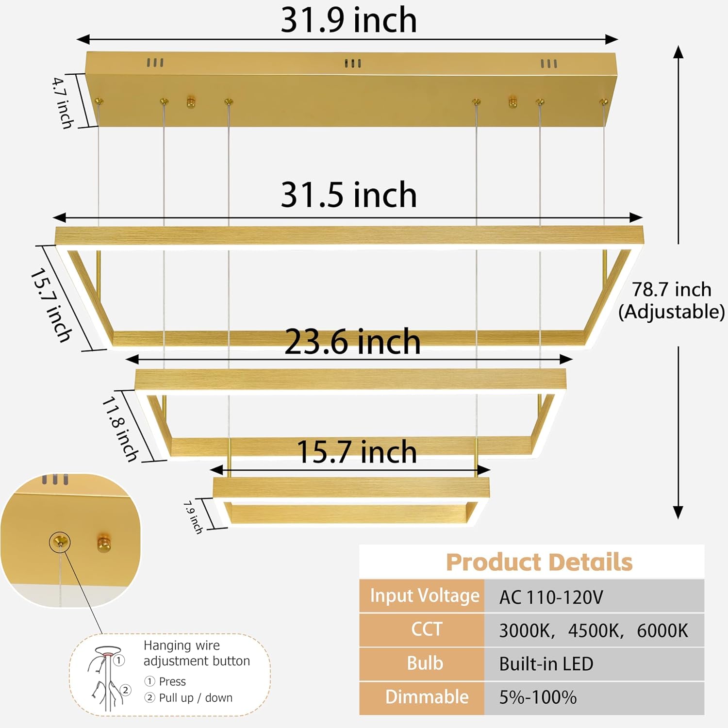 Gold Modern Led Chandelier - 3 Ring Adjustable Ring Light, Dimmable Rectangular Pendant Light for Living Room, Dining, Kitchen Island