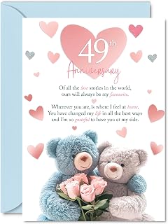 49th Anniversary Card for Women Men - Teddy Bear Roses - Happy 49 Year Anniversary Card for Girlfriend Wife Companion Boyfriend, A5 Wedding Anniversaries Greeting Cards