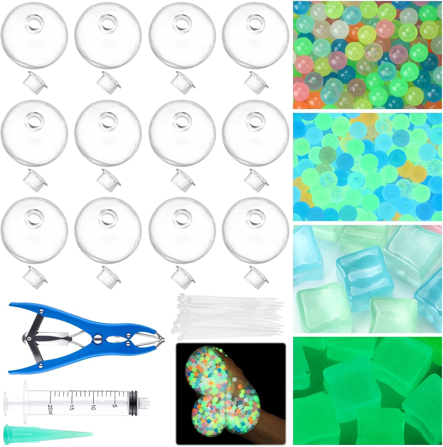 12 Set Glowing DIY Stress Ball Making Kit Empty Stress Ball DIY Kit with Transparent Blank Skins Glowing Fill Beads Expander Tool Vacuum Evacuating Device for Make Pressure Balls