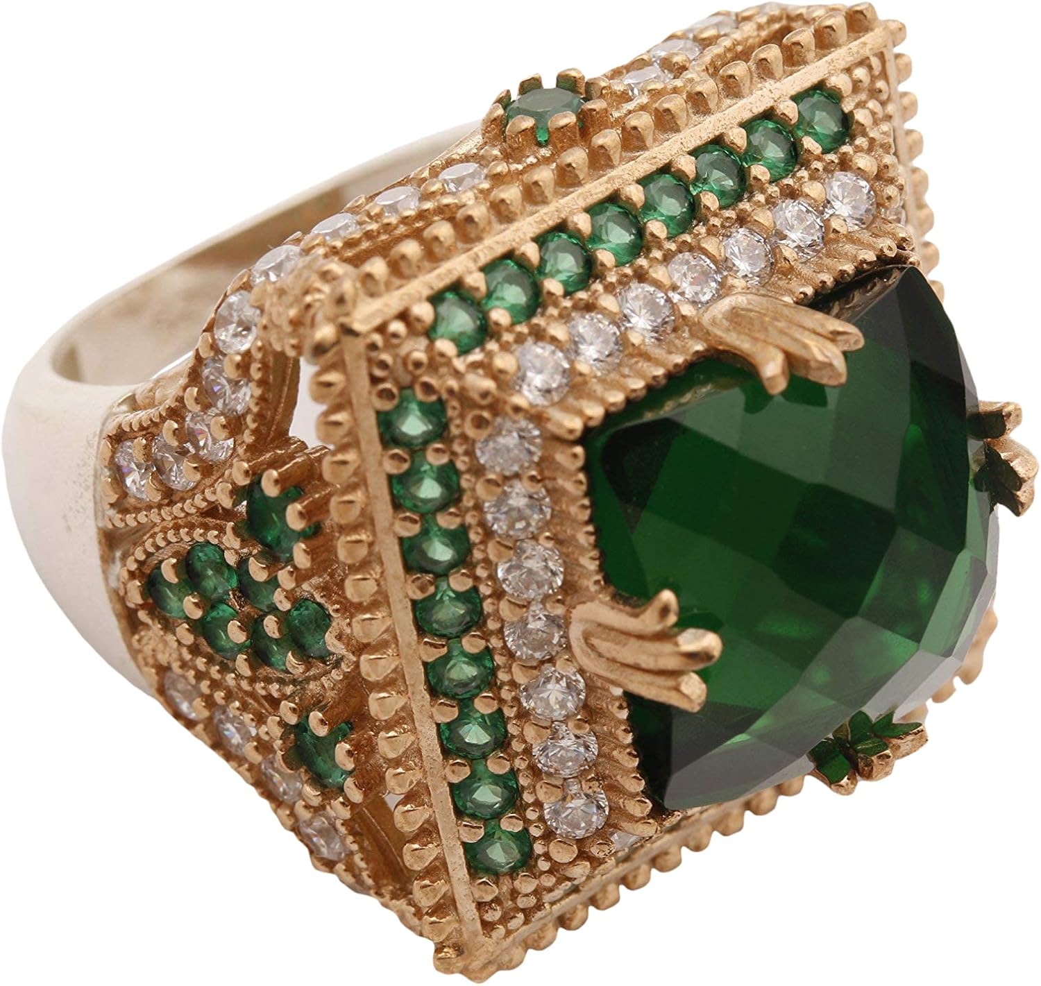 Turkish Handmade Jewelry Square Shape Princess Cut Shiny Emerald and Round Cut Topaz 925 Sterling Silver Ring Size All