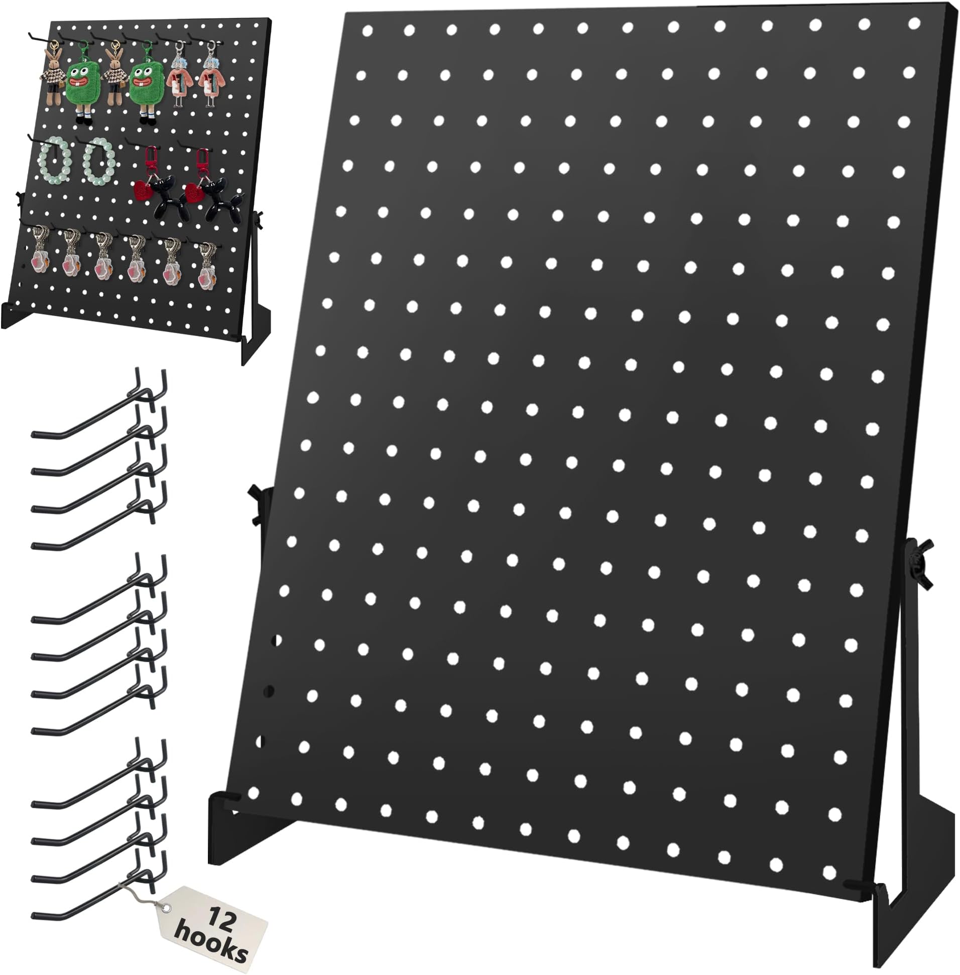 Royxen Peg Board Display Stand with 12 Hooks, Pegboard Display Adjustable Angles, Keychain Display, Display Stands for Vendor Events, Black