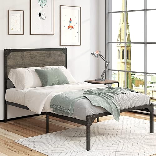Ikalido Twin Size Metal Bed Frame with Wooden Headboard, Platform Bed with Noise Free Design, No Box Spring Needed, Easy Assembly, Brown