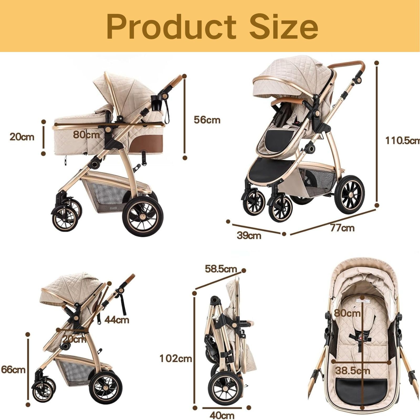 3 en 1 Carrito Bebé, Cochecito Bebe con ECE R129 Asiento de Coche, Cochecito con Mango Ajustable de Altura, Cochecito Carro de Visión alta con Marco de Aluminio (22KG, 0-4 Años)