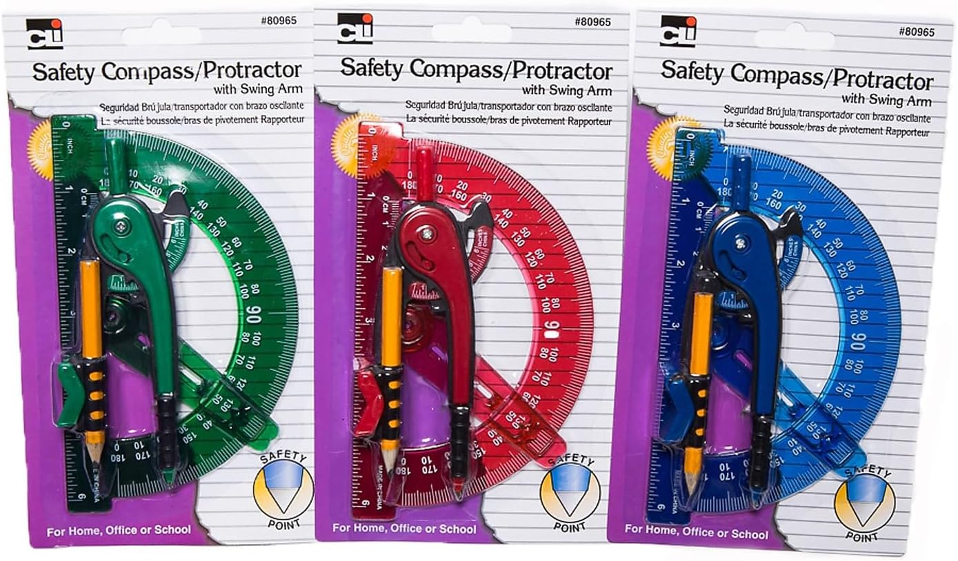 Charles Leonard Safety Compass and 6 Inch Swing Angle Arm Protractor Combo Packs, Assorted Colors, 12 Combo Packs (80965-ST)