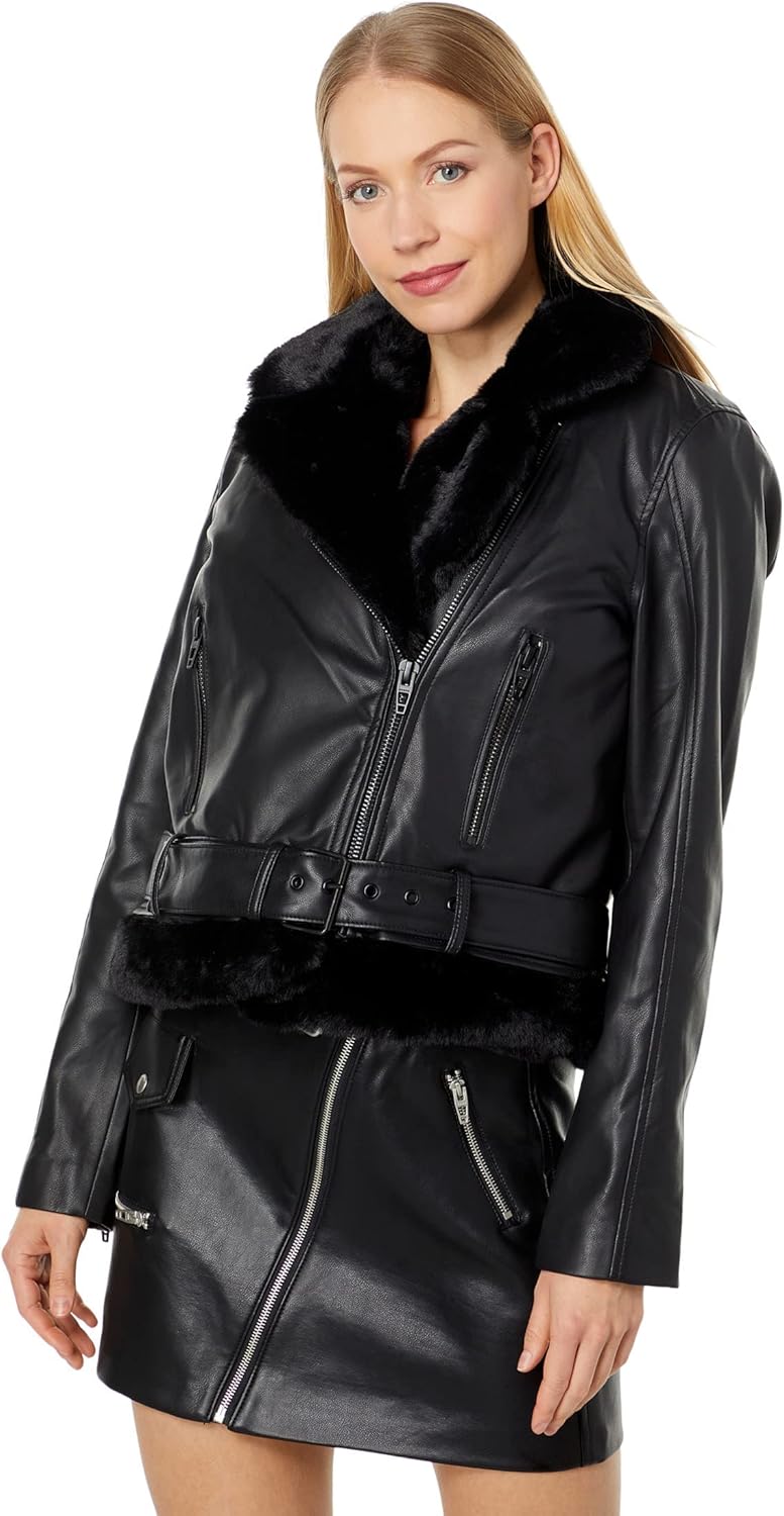 [BLANKNYC] Women's Luxury Clothing Vegan Leather Moto Jacket With Fur Trim, Comfortable & Stylish Coat
