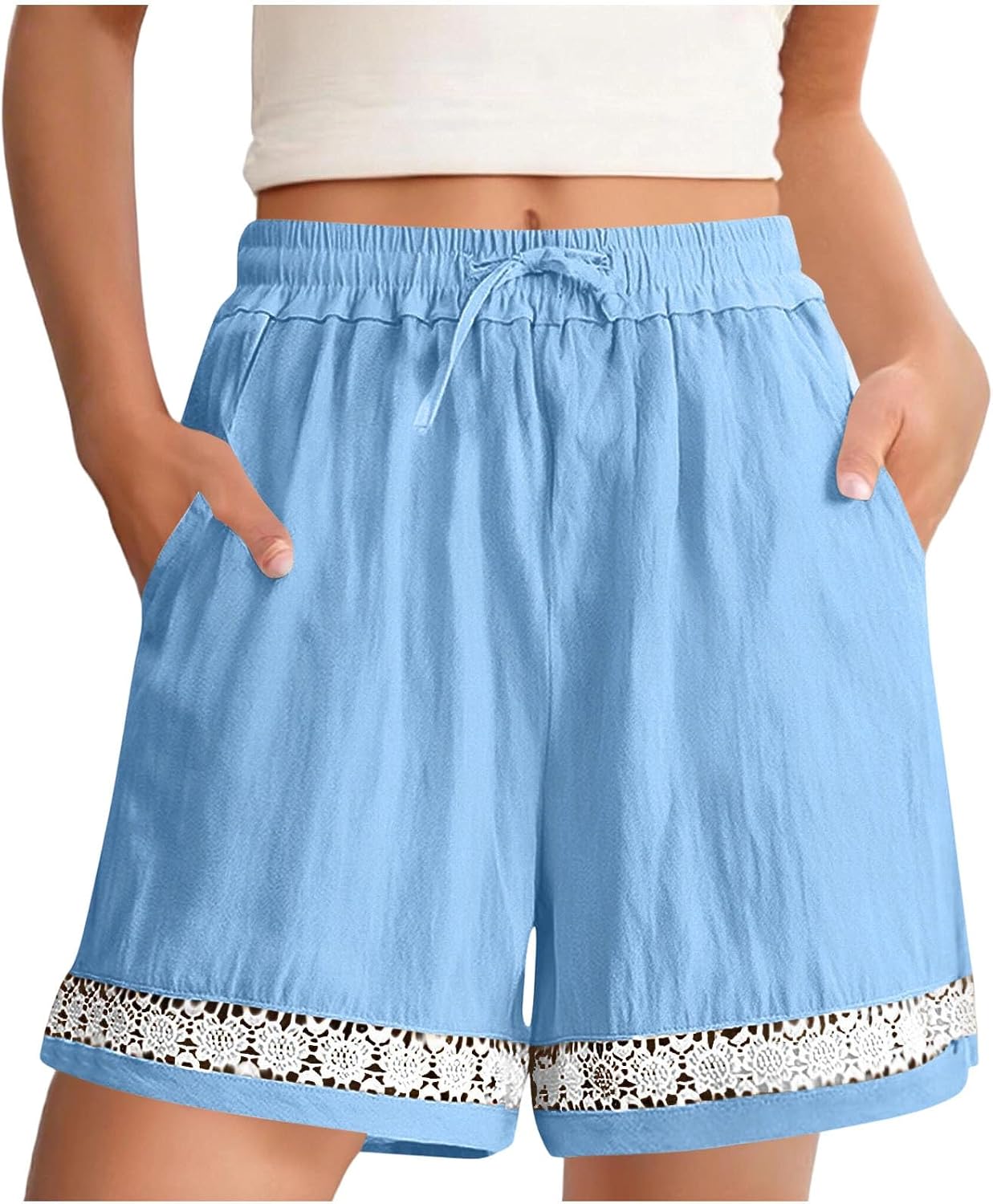 Womens Summer Shorts Casual Elastic Waist Lounge Shorts Comfy Trendy Beach Short Lace Trim Drawstring Trendy Clothes