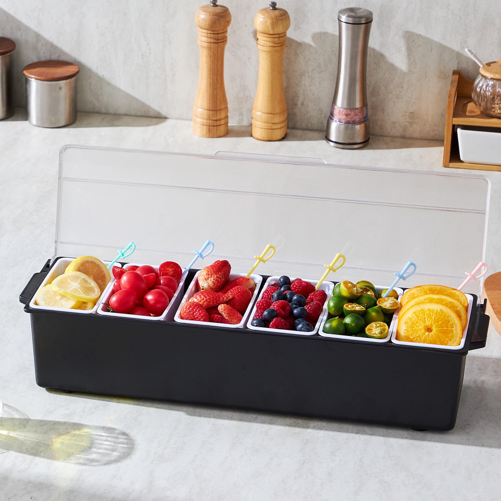 VEVOR Saladette Réfrigérée à Poser avec 6 Bacs et Couvercles, Vitrine Réfrigérée pour Pizzeria Refroidi par Glace, Facile à Nettoyer, Station pour Ingrédients, Fruits, Salades, Cuisine, Restaurant