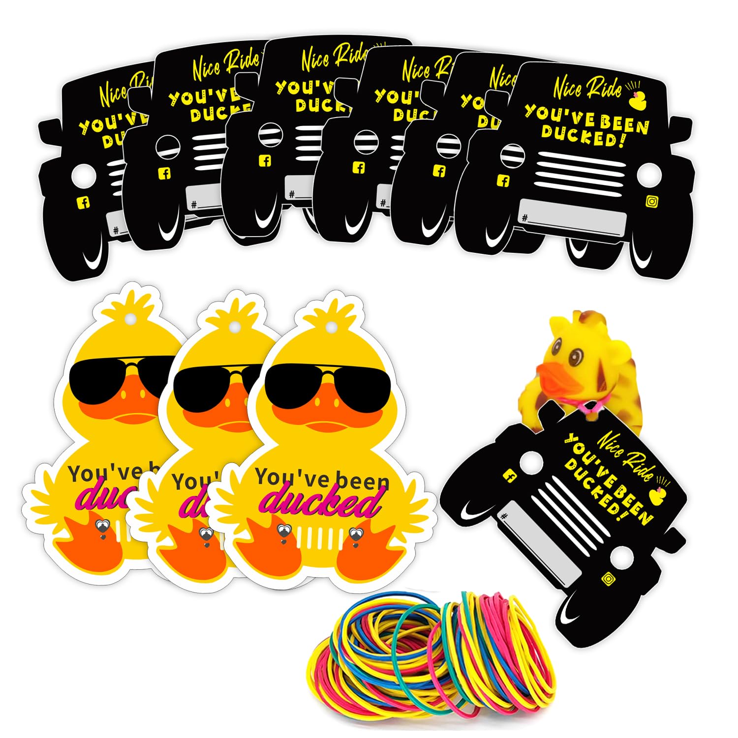 Waxvery Duck Tags,You've Been Ducked, Cute Yellow Duck and Black Car Tags, Duck Ducking Game Card, Rubber Duck Card with Round Hole and Rubber Bands