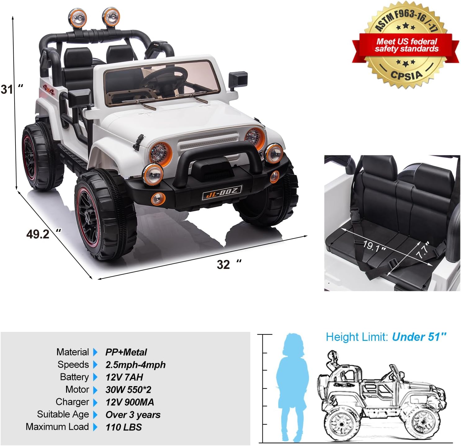Diagram showing the dimensions of the JOYLDIAS Ride On Truck and its seat, along with safety certifications.