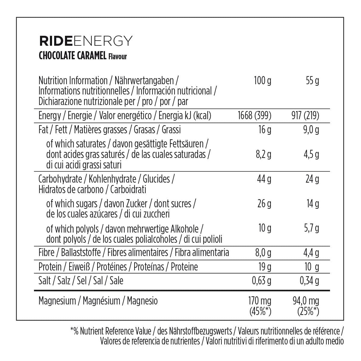 Powerbar - Ride Energy - Chocolate Caramel - 18x55g - Barrita proteica con carbohidratos - Magnesio - Sin colágeno