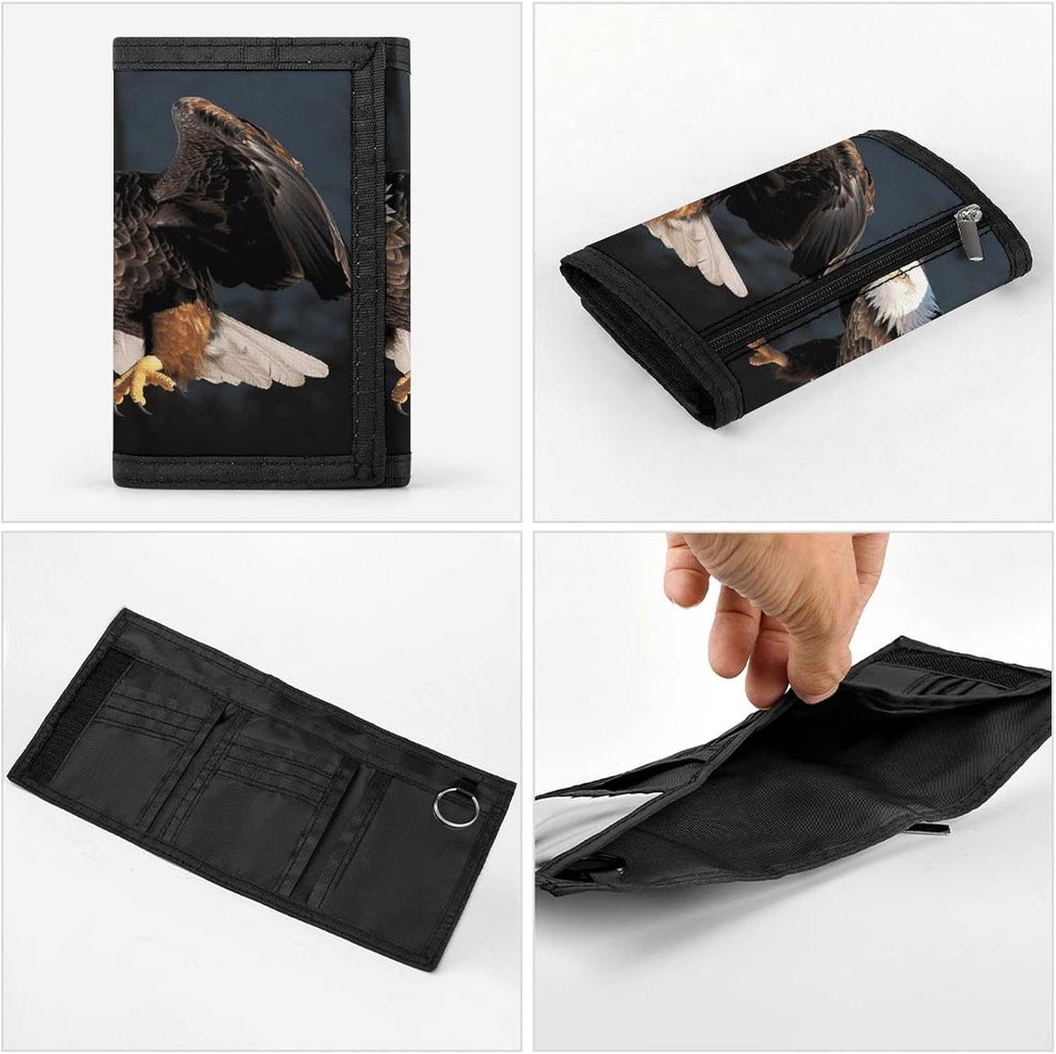 3D Bald Eagle Wallet for Men Women Zipper Travel Wallets Stylish Trifold Wallets with Large Capacity Bifold Wallet