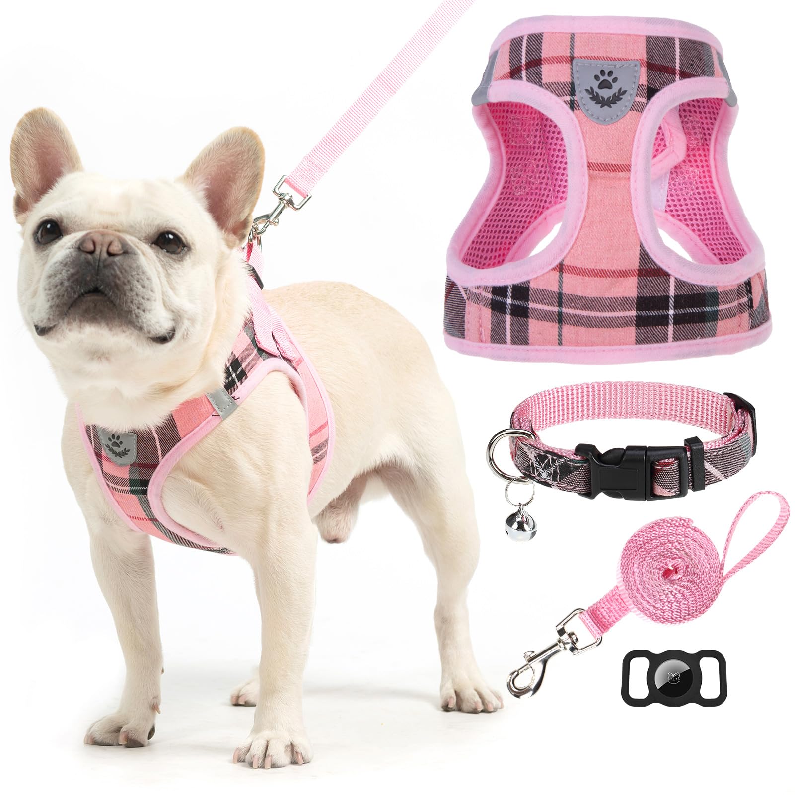 EXPAWLORER Hundegeschirr und Leine – kleines Hundehalsband und Leine – klassisches Kariertes kleines Hundegeschirr für kleine Hunde, kein Ziehen, ausbruchsicher für Spaziergänge im Freien (XS, Rosa)