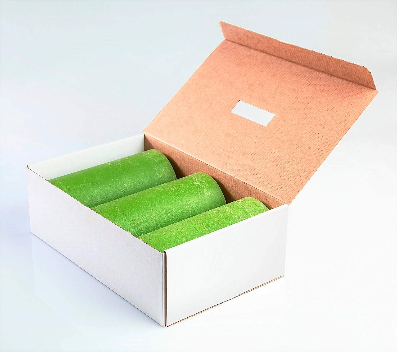 Melt Candle Company Lot de 3 Verde 7,5 x 15 cm bougies piliers Non parfuméespour mariages, Restaurants, décoration de Maison, Spa, église, mèche en Coton Qui ne Fume PAS