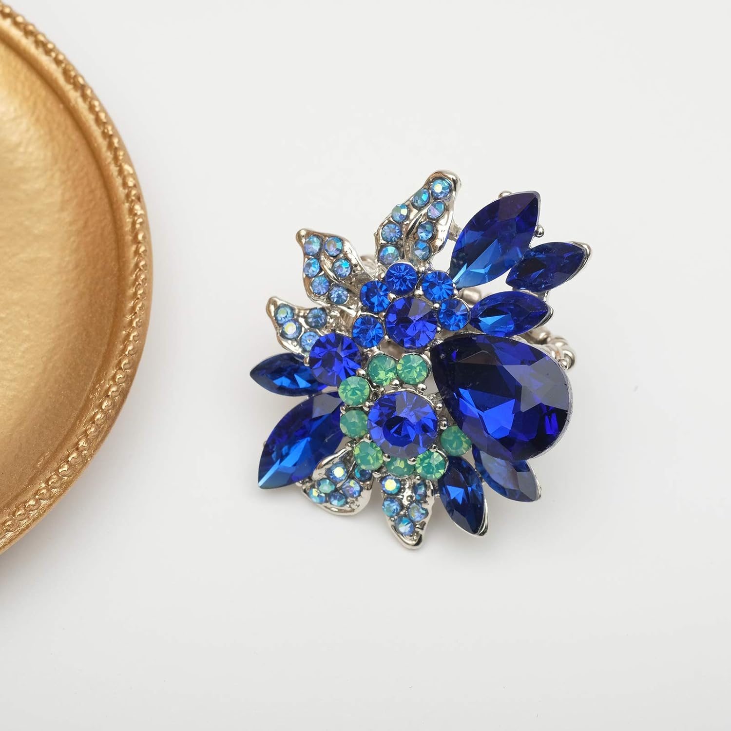 Women's Dazzling Austrian Crystal Leaves Flower Cocktail Statement Rings Stretch Adjustable Ring for Party Wedding Brides Bridesmaids (royal blue): Clothing, Shoes & Jewelry