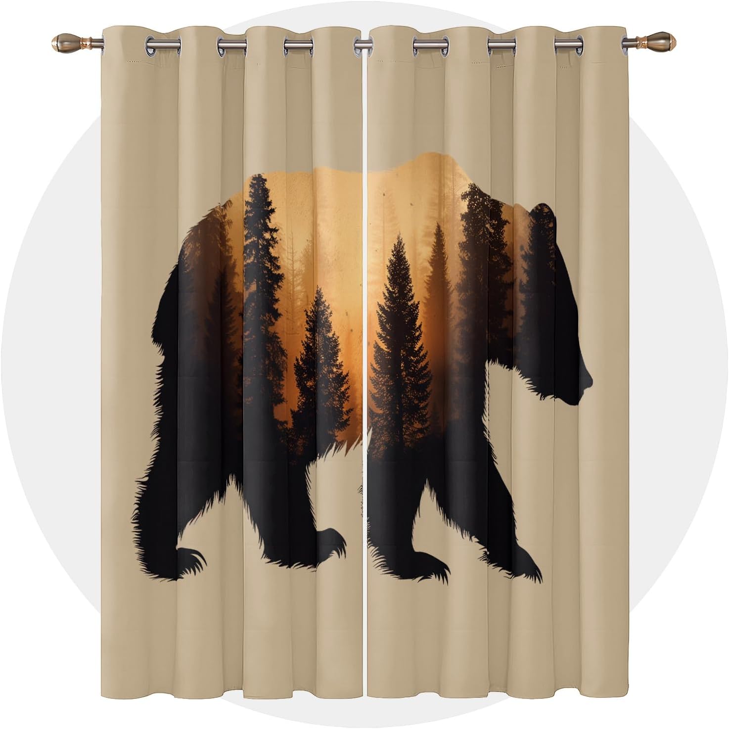 Bear Curtains 63 Inch Length - Wildlife Cabin Animal Forest Brown Patterned Blackout Curtains for Living Room Bedroom, Room Darkening Grommet Drapes Window Treatments, 2 Panel Set
