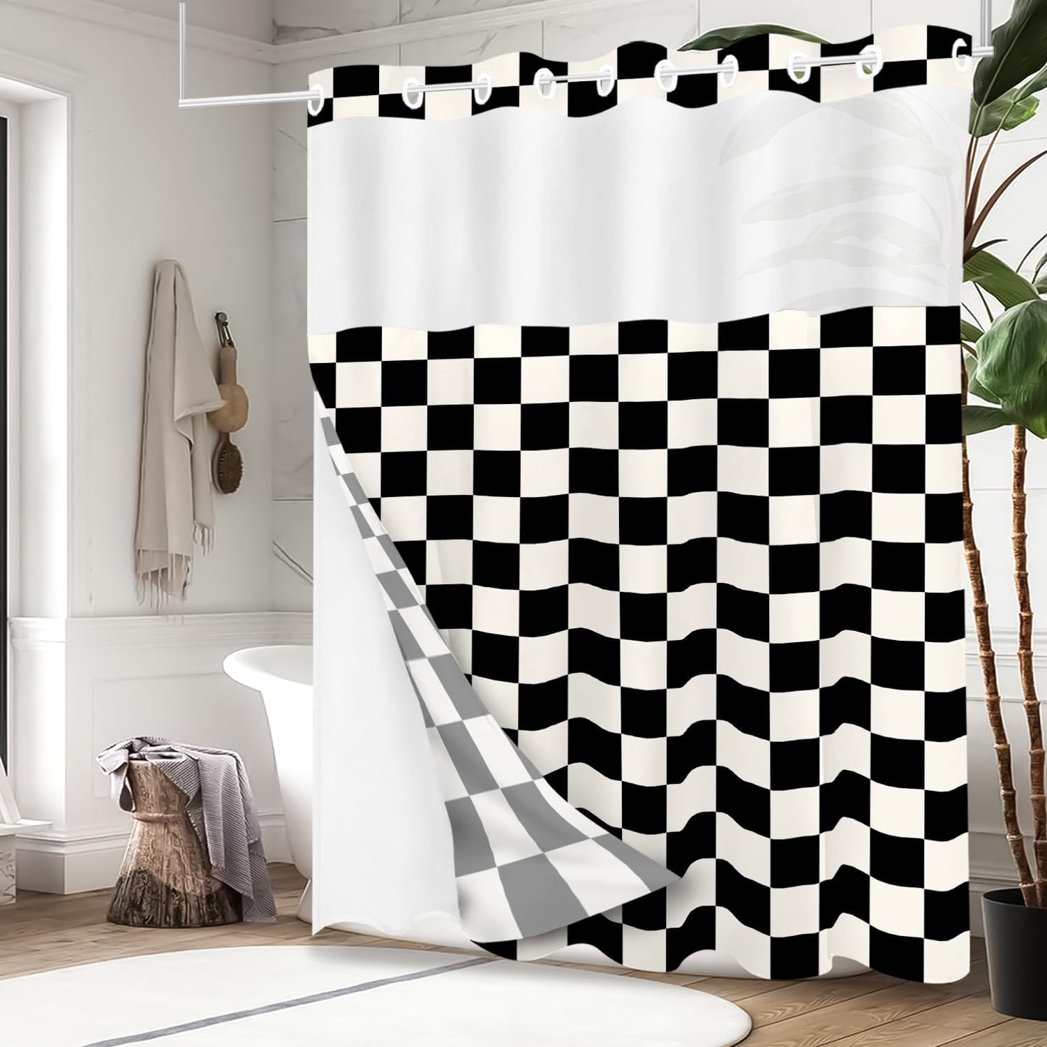Tititex No Hooks Snap in Liner Beige Black Checkerboard Shower Curtain Sets, Hotel Luxury Grid Double Layers Waterproof Fabric & See-Through Top Window Bathroom Decorative 72x72 Inch