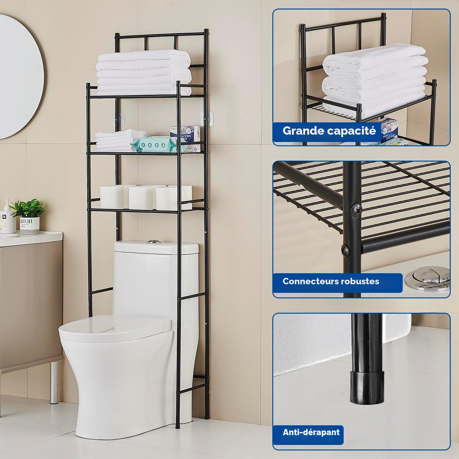Étagère de Toilettes, 3 Niveaux Rangement au Dessus des Toilettes, Étagère WC, Meuble Salle de Bain Rangement, Convient à la Plupart des Toilettes, Économie d'espace, Noir