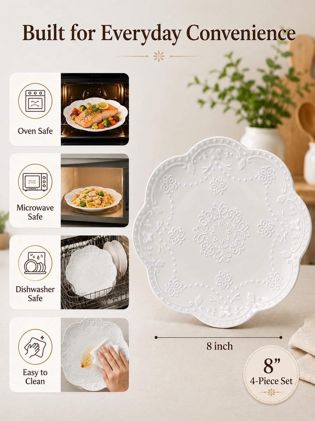 8 Inch Ceramic Salad Plates Set of 4, White Embossed Floral Butterfly Appetizer Plates with Scalloped Edge, Dessert Plates for Salad, Breakfast, Snacks, Microwave Oven Dishwasher Safe