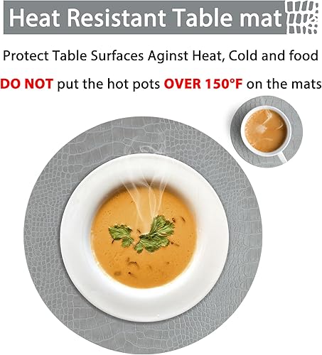 Miniatura 5 de Juego de 6 manteles individuales redondos de cuero para mesas redondas, manteles individuales y posavasos grises, lavables, fáciles de cuidar para