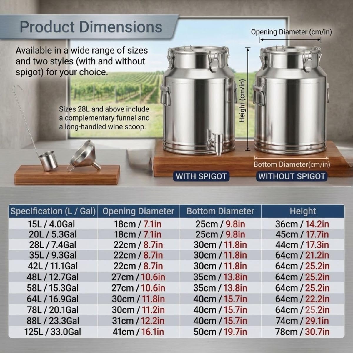 Lechera en Acero Inoxidable 304, Jarra para Agua con Grifo 5-125 L | Bidón Hermético para Aceite, Contenedor Alimentos y Barril Dispensador Bebidas Camping(With Spigot,48L)
