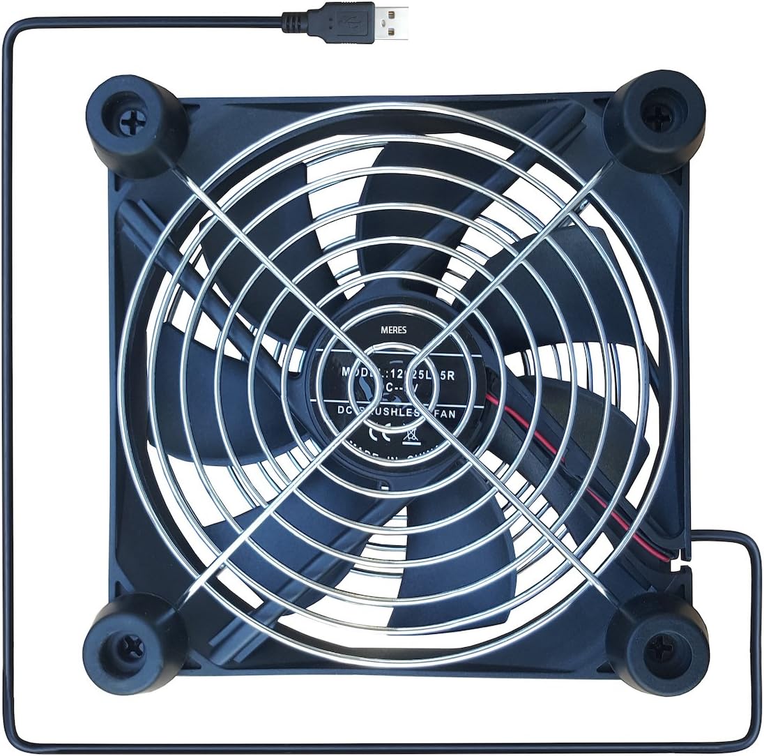 USB Silent Cooling Fan with Double Grilles and Rubber Feet Heat Dissipation for Airport Express Routers, HDD case, PS, Xbox, Cooling pad for time Capsule with The Size 120 x 120 x 25mm