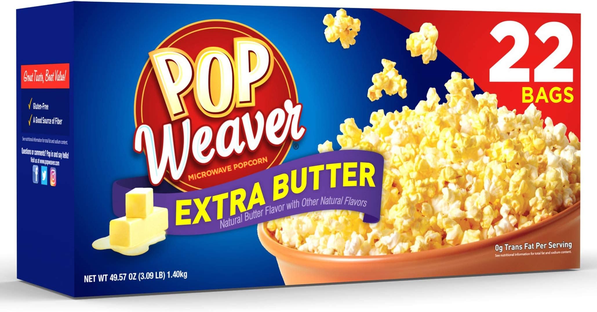 Pop Weaver Microwave Popcorn, Extra Butter, 22 Bags per Box…