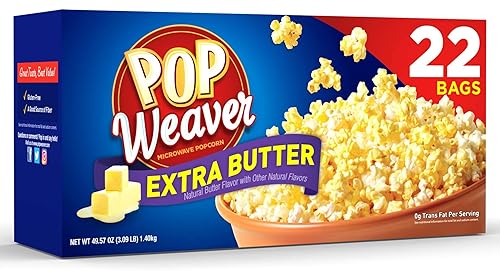 Pop Weaver Palomitas de maíz para microondas, mantequilla extra, 22 bolsas por caja..