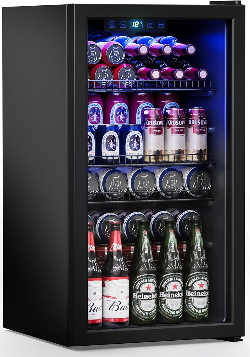 Manastin Beverage Refrigerator Cooler-120 Cans Freestanding Mini Fridge Cooler with Glass Door, Adjustable Shelves & Digital Temperature Display for Soda, Wine or Beer (Black, 3.2 Cu.Ft) : Appliances