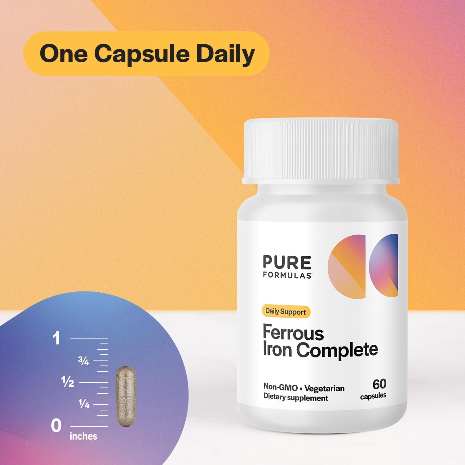 Ferrous Iron Complete: 29 mg Iron Supplement Iron with Vitamin C, Vitamin B12, B6, Thiamin and Folate Blood Support Supplement for Men & Women Without GI Side Effects - 60 Capsules