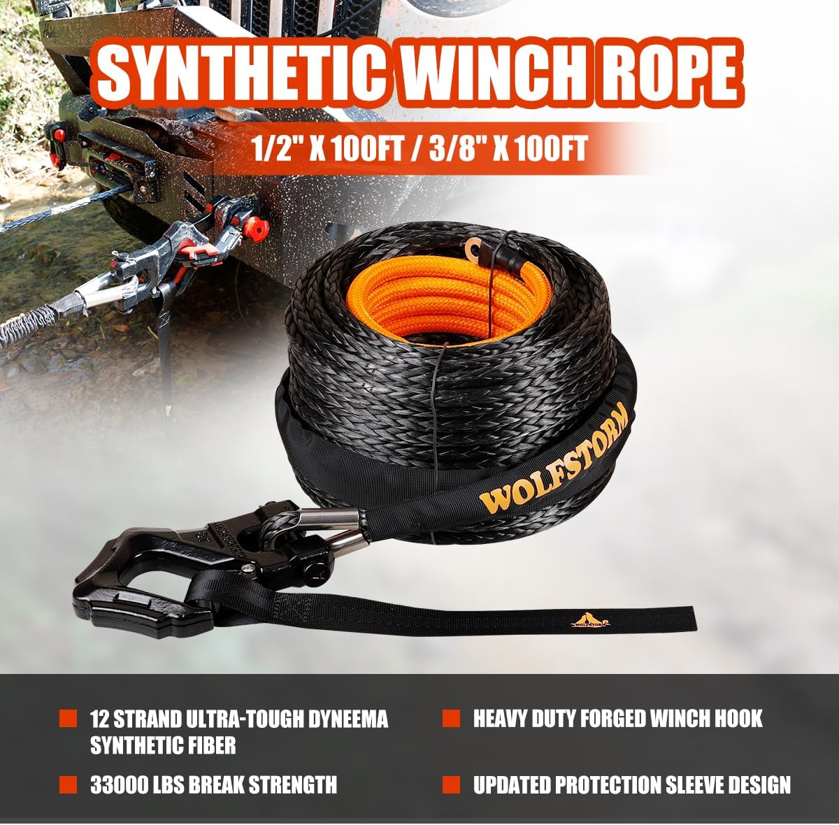 WOLFSTORM Synthetic Winch Rope Cable Kit: 3/8''x100Ft Winch Line Cable w/Protective Sleeve+Heavy Duty Forged Winch Hook+Safety Ribbon|33000 lbs Max Break Strength-Emergency Recovery Accessories