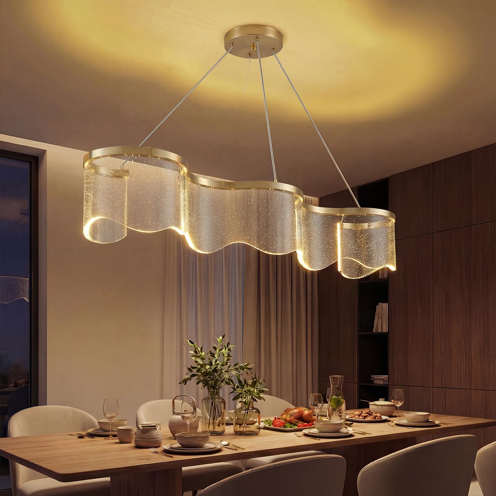 Modern LED Chandelier, Wave-Shaped Pendant Light with Gold Frame and Starry Acrylic Shade, Dimmable Ceiling Light Fixture for Dining Room, Kitchen Island, Living Room, Bedroom