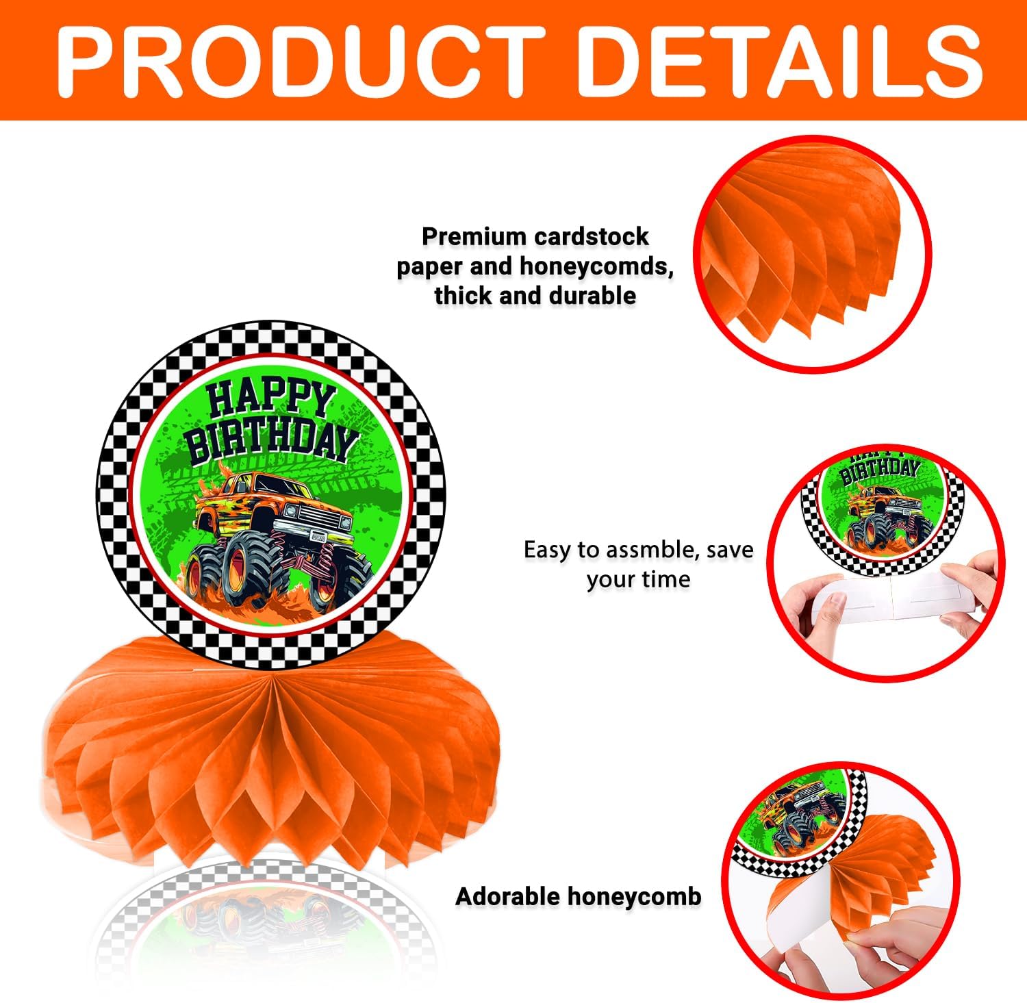 9PCS Monster Truck Honeycomb Centerpieces Themed Birthday Party Decorations Centerpiece Table Decoration Party Favors Decor Supplies Gifts for Boys Girls Men Women image 4